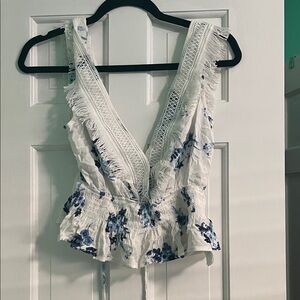 Moon River White and Blue Floral Blouse